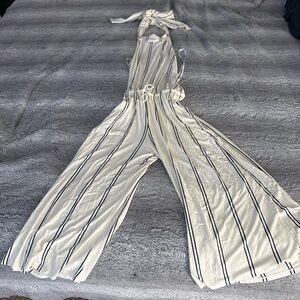 Striped Halter Wide-Leg Jumpsuit in Cream and Black